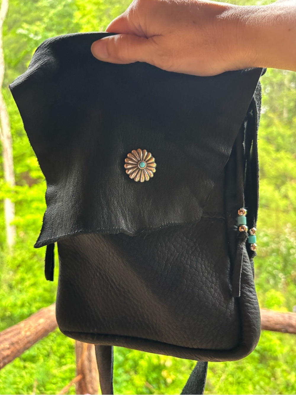 Black Leather Crossbody Medicine Bag with Southwestern Turquoise Concho